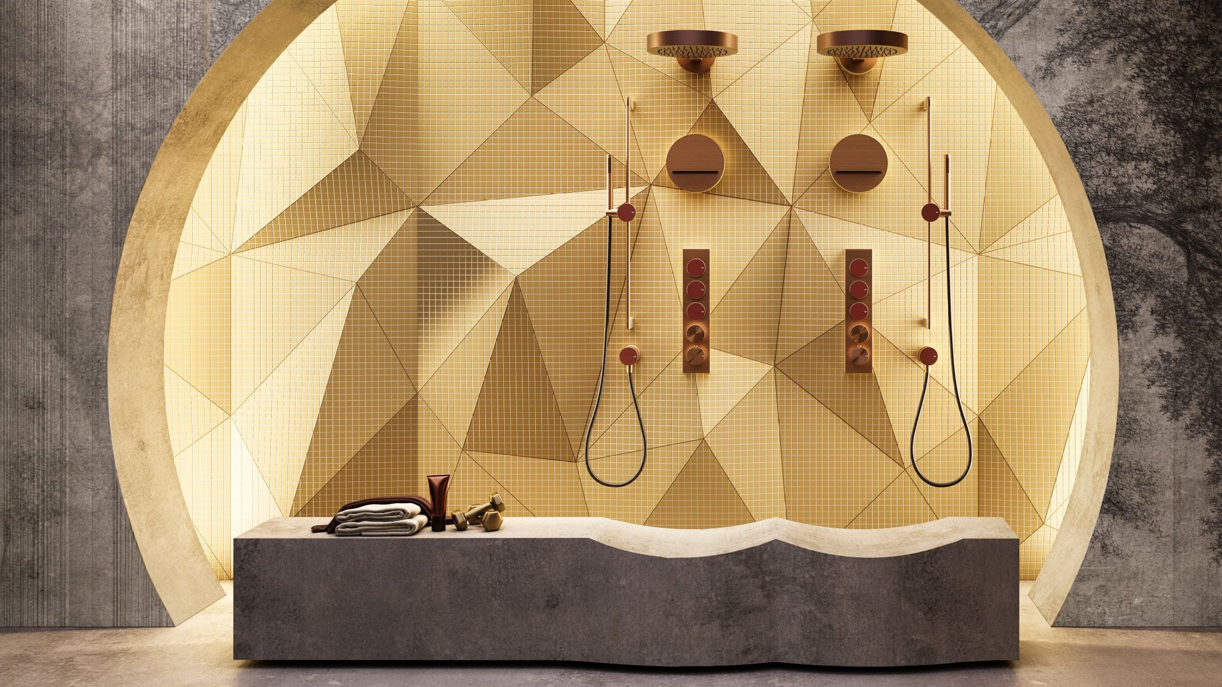 Modern bathroom setup with geometric wall design and bathtub.