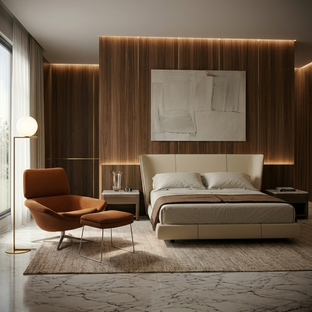 Modern bedroom with a bed, armchair, and abstract painting on a wooden wall.