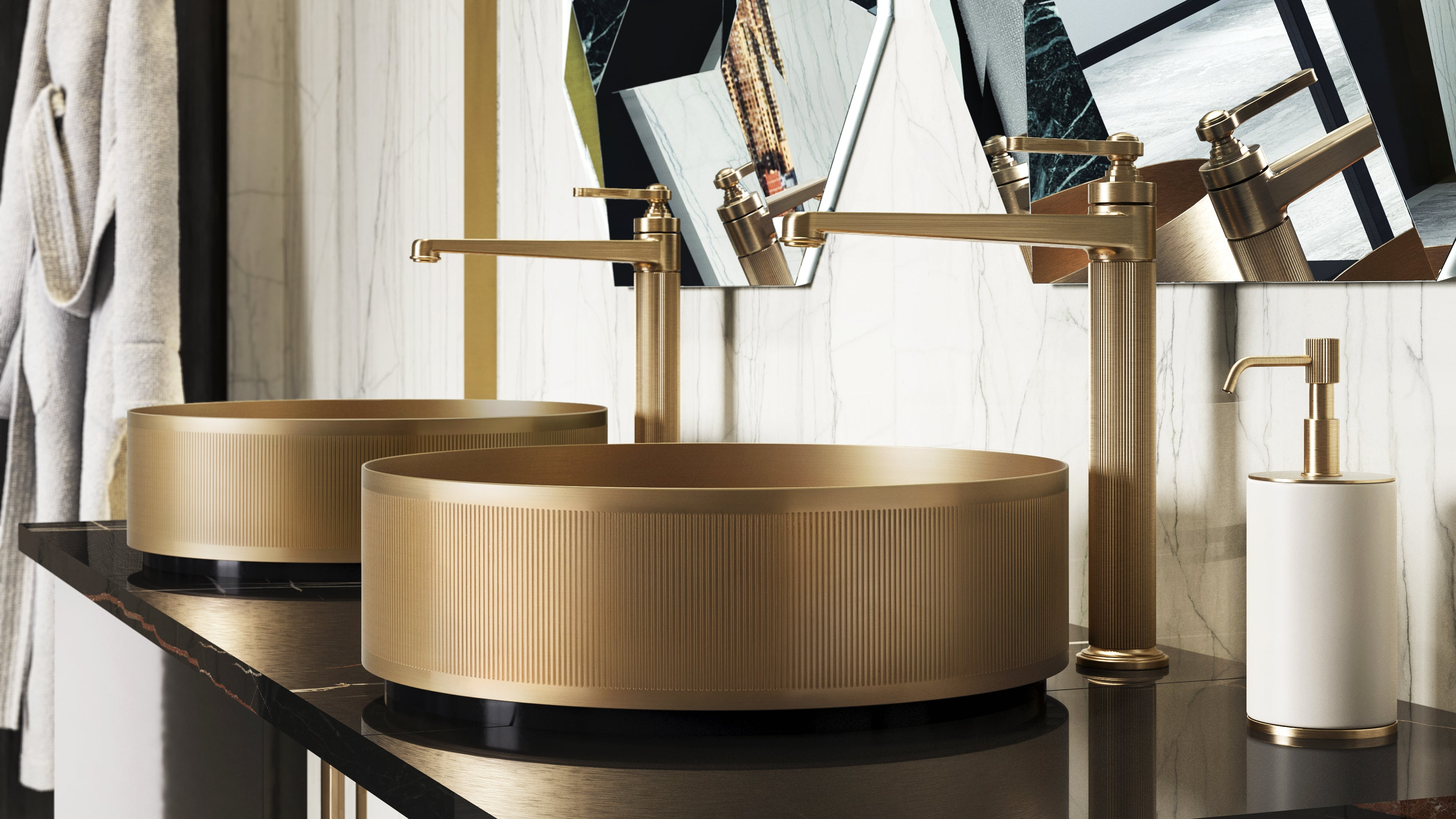 Gold bathroom sink and faucet set against a neutral background
