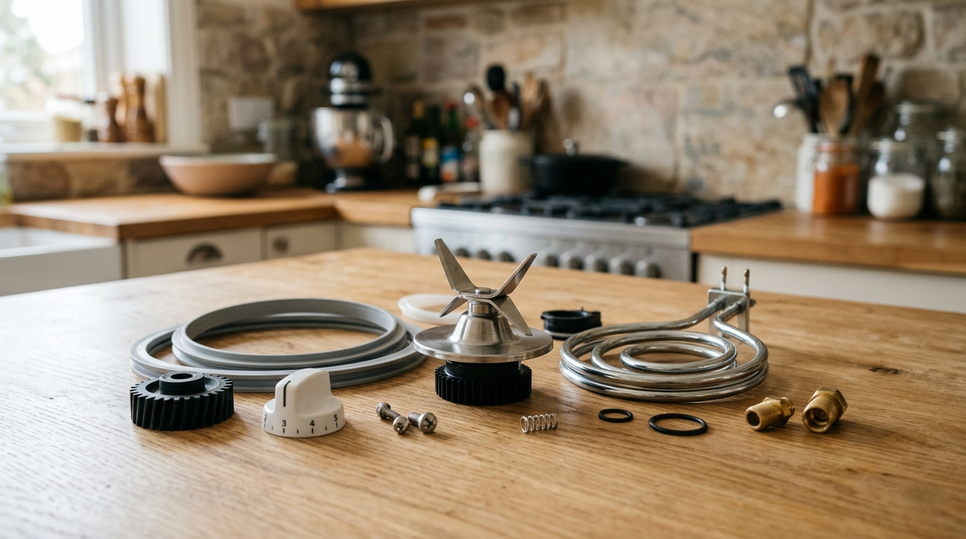 Kitchen appliance parts on a wooden counter with a kitchen background