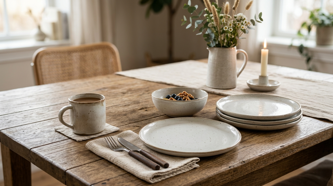Dining table set with ceramic plates, bowls, and a mug on a wooden table.