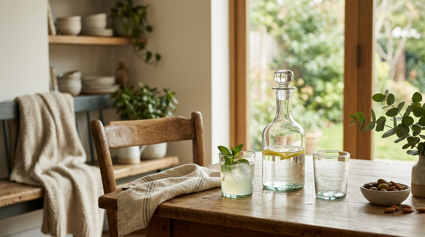 Wooden table with a bottle, glasses, and snacks in a home setting