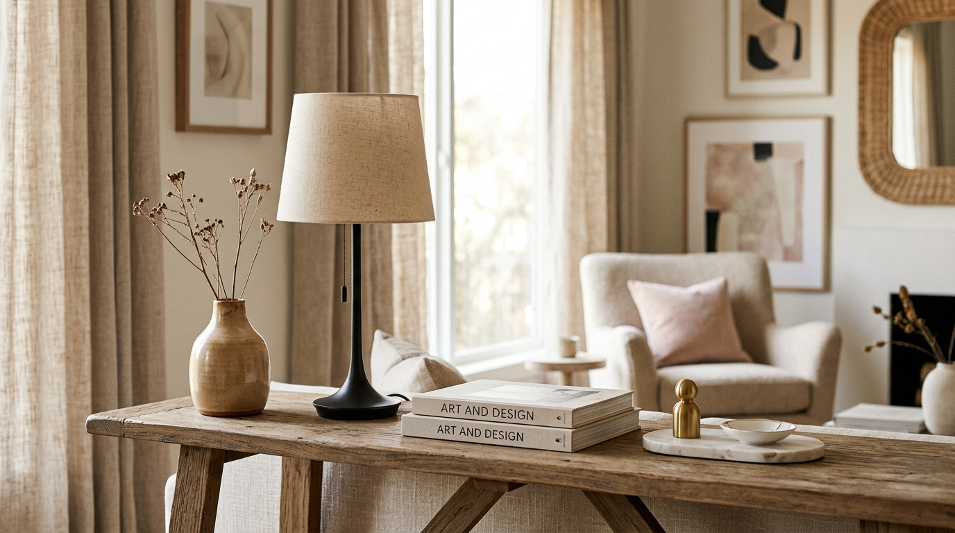 Living room with a wooden table, lamp, books, and a chair.