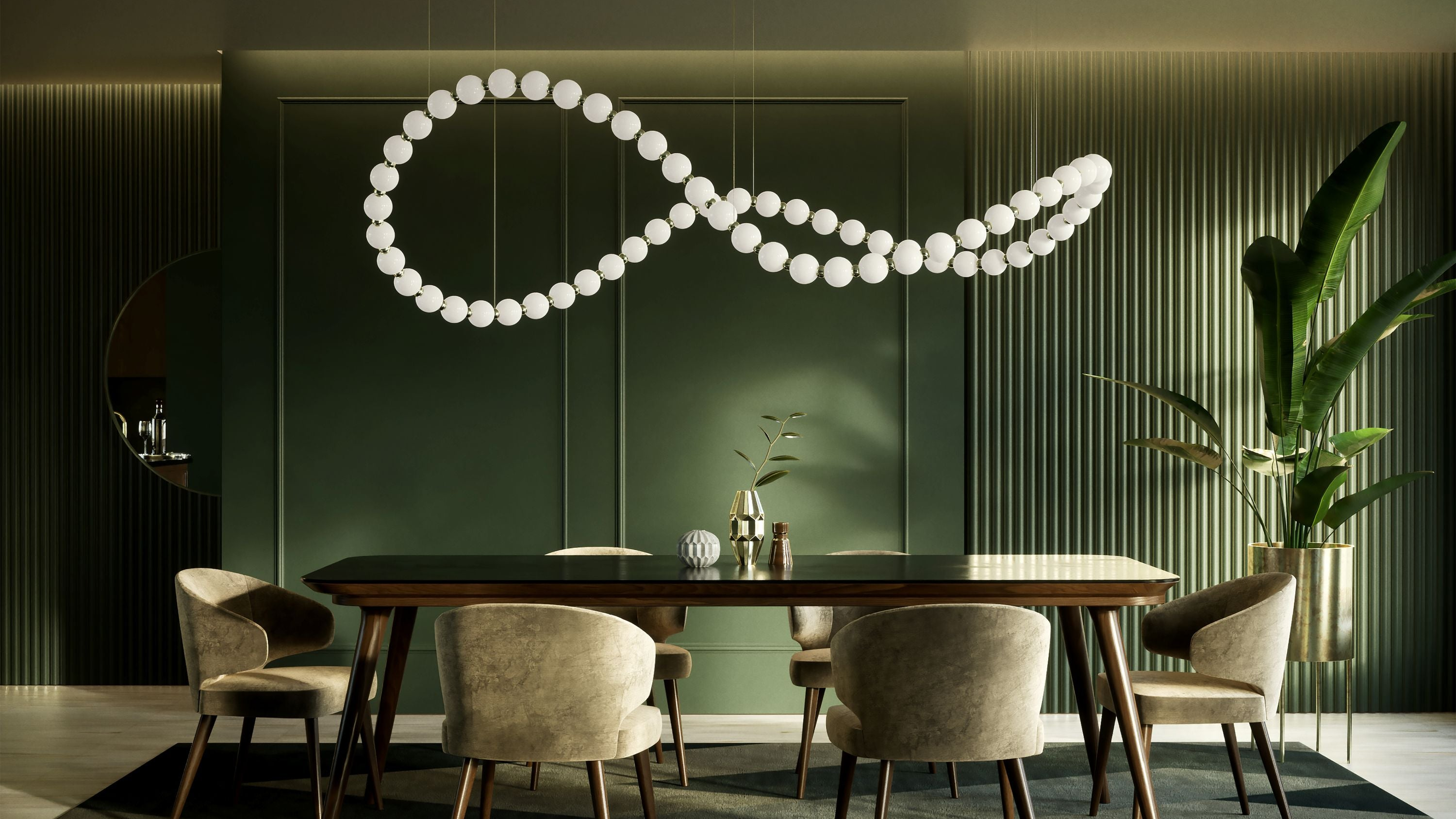 Modern dining room with a unique light fixture and wooden table.