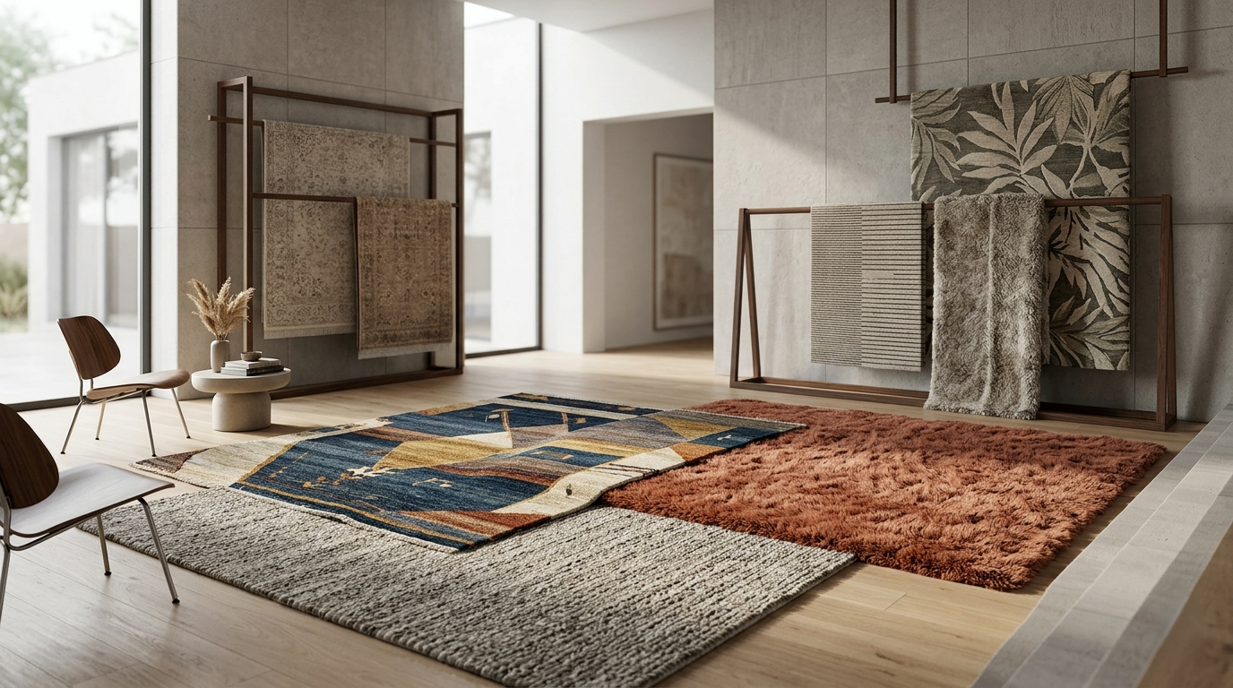 Modern interior with various rugs on a wooden floor