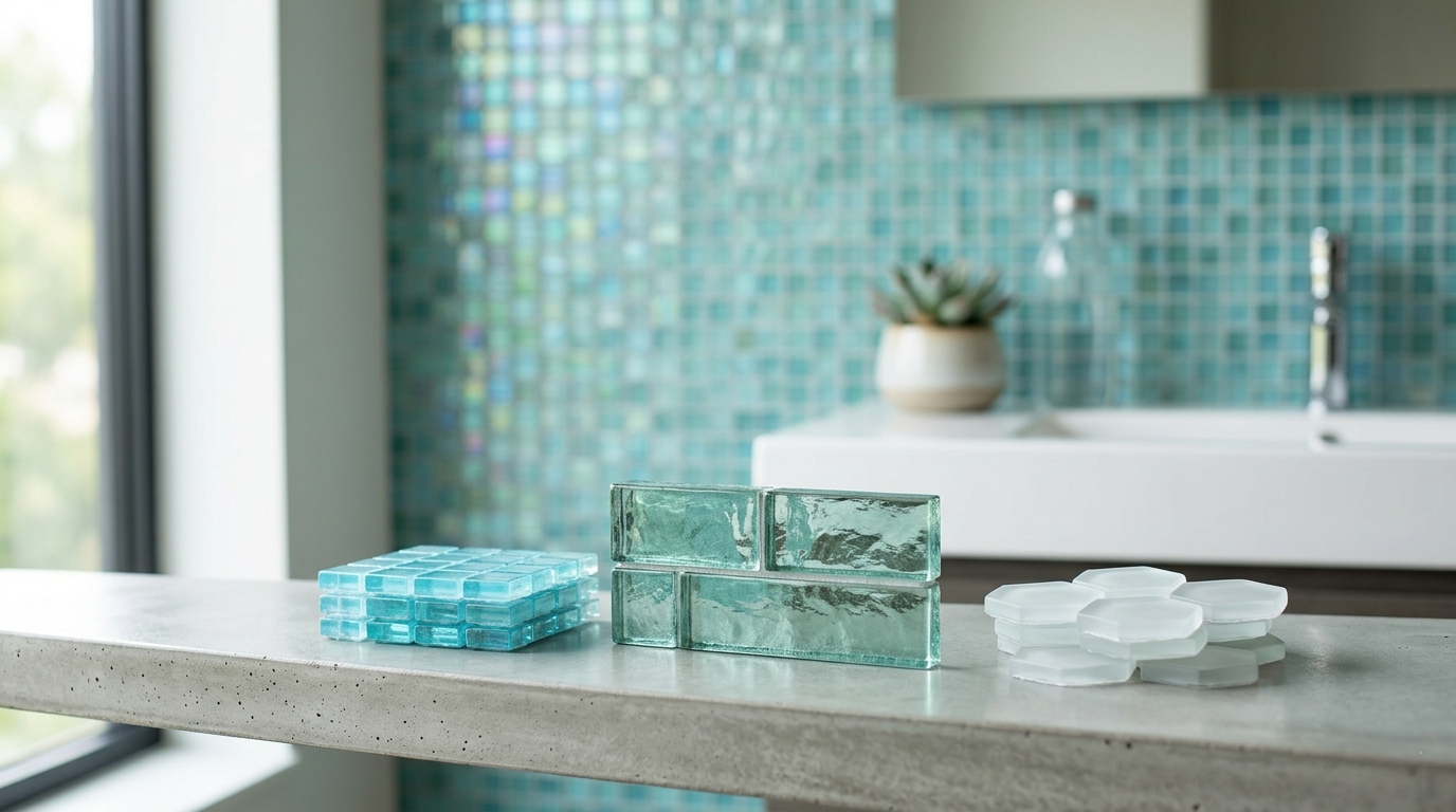 Decorative glass containers on a bathroom counter with a tiled wall in the background