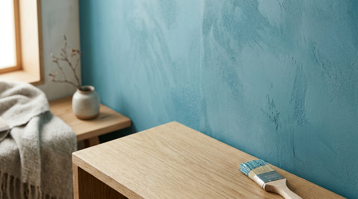 Wooden bench against a blue wall with a paintbrush on it