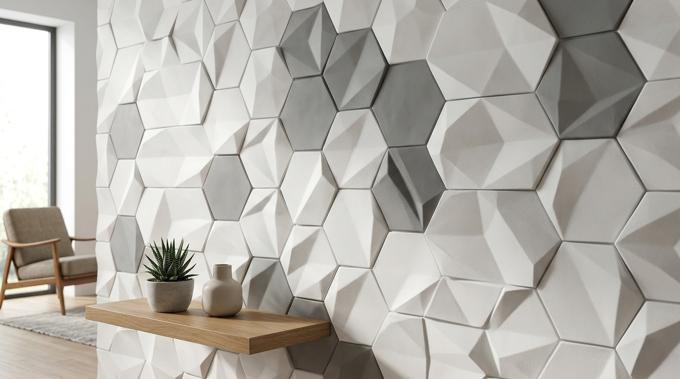 Geometric wall panels in a modern interior setting with a wooden console table and plant.