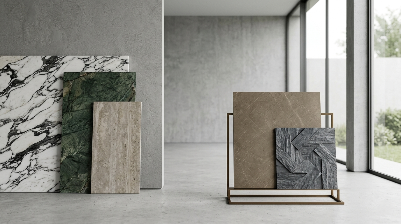Collection of marble and stone samples displayed against a neutral background