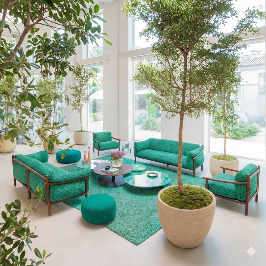 Modern living room with teal furniture and potted plants