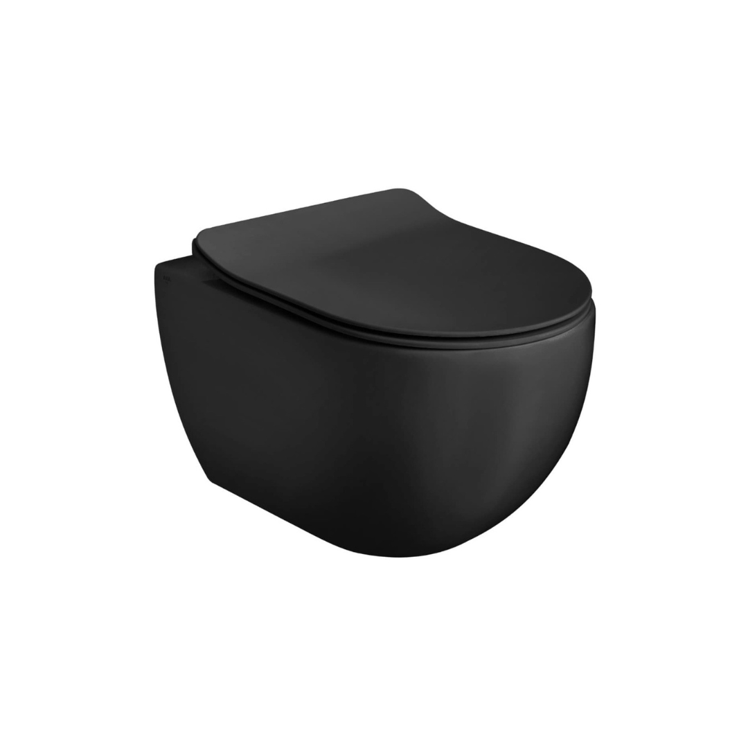 Black wall-mounted toilet on a white background