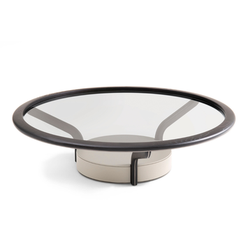 Round glass table with black metal frame on a white background