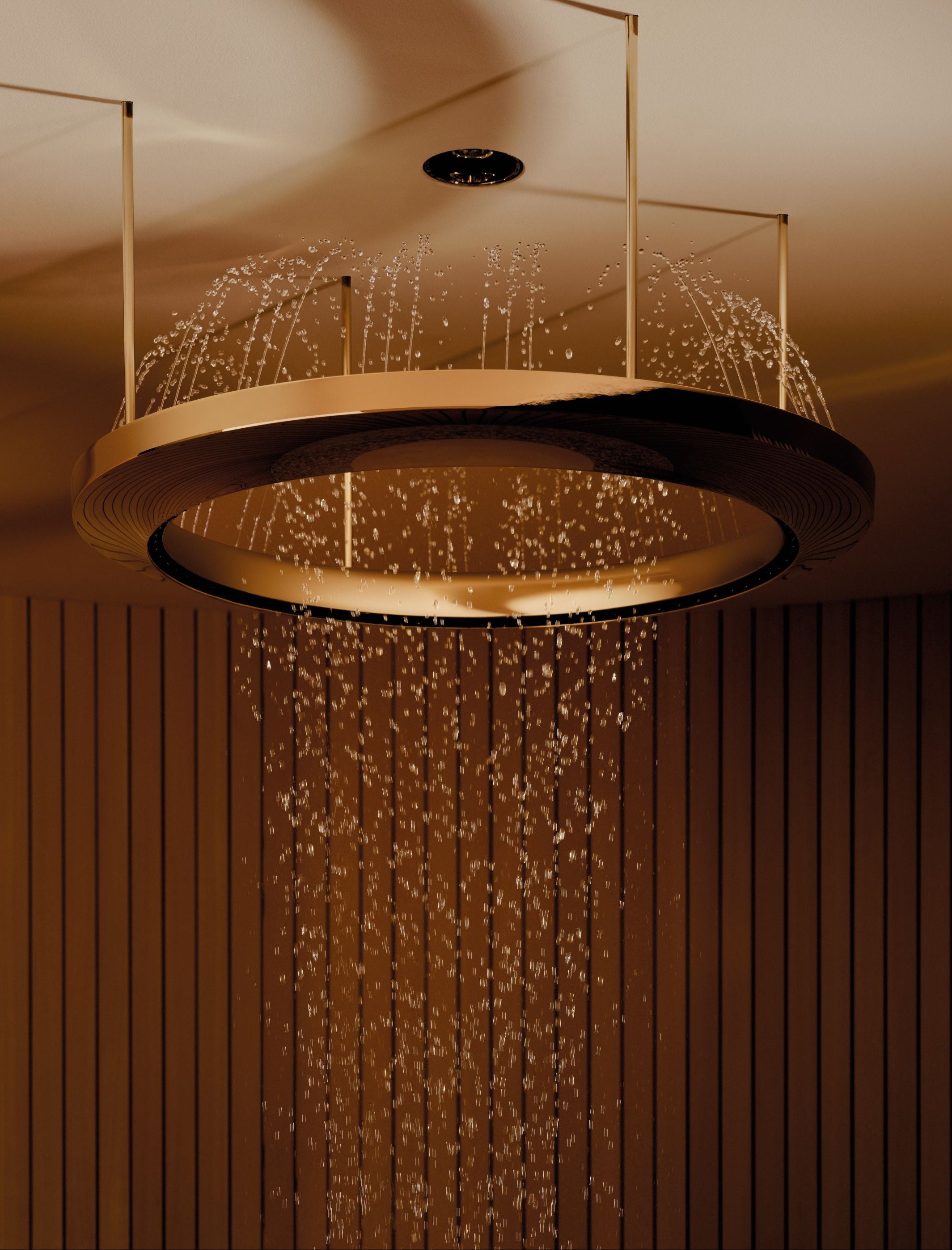 Luxurious chandelier with crystal accents hanging from a ceiling.