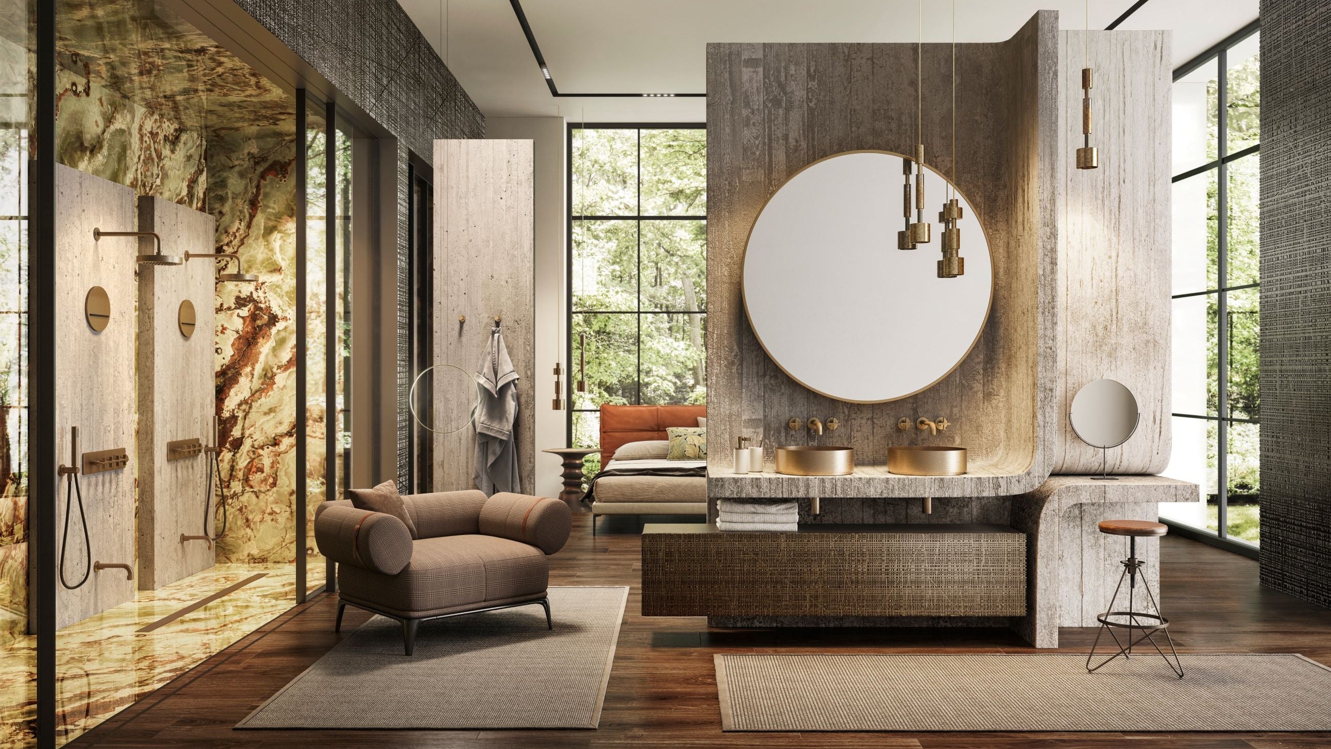 Modern bathroom interior with a large round mirror and wooden accents.