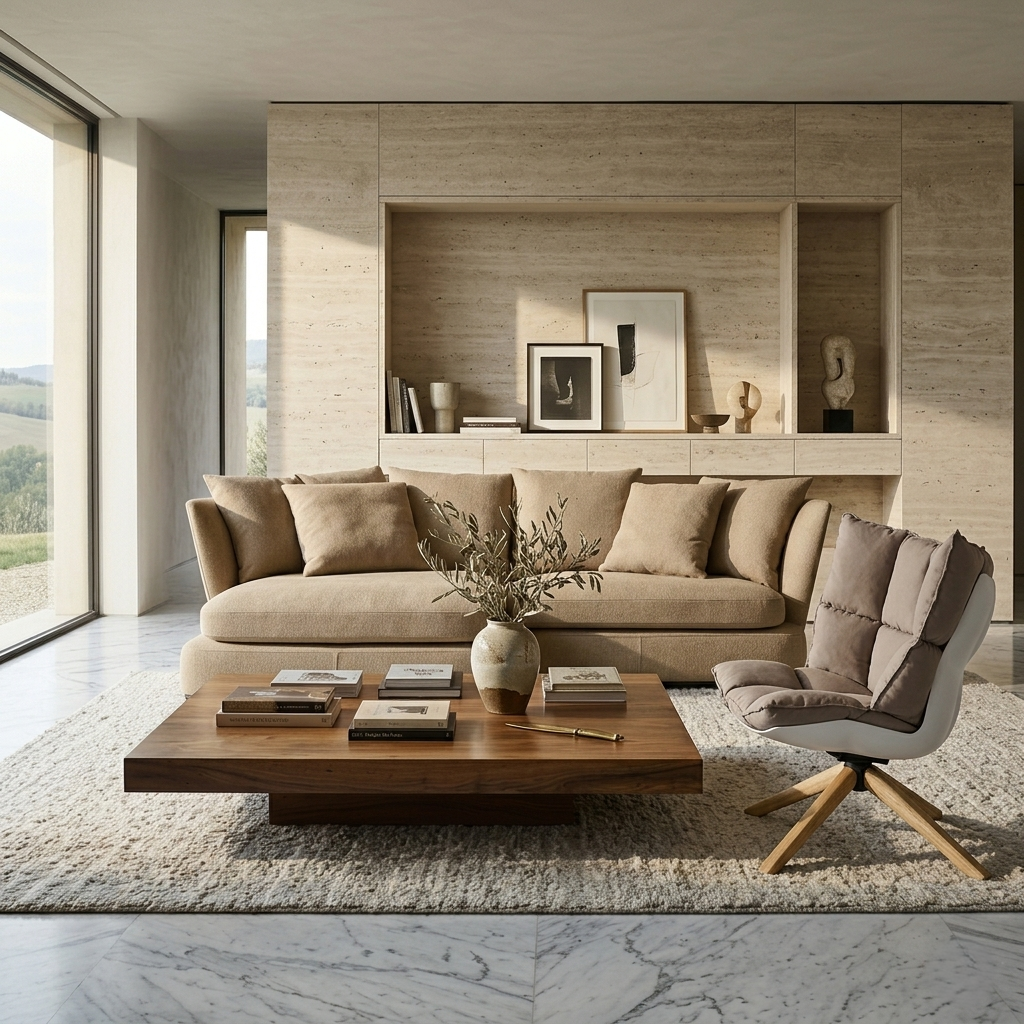 Modern living room with beige sofa, wooden coffee table, and decorative items.