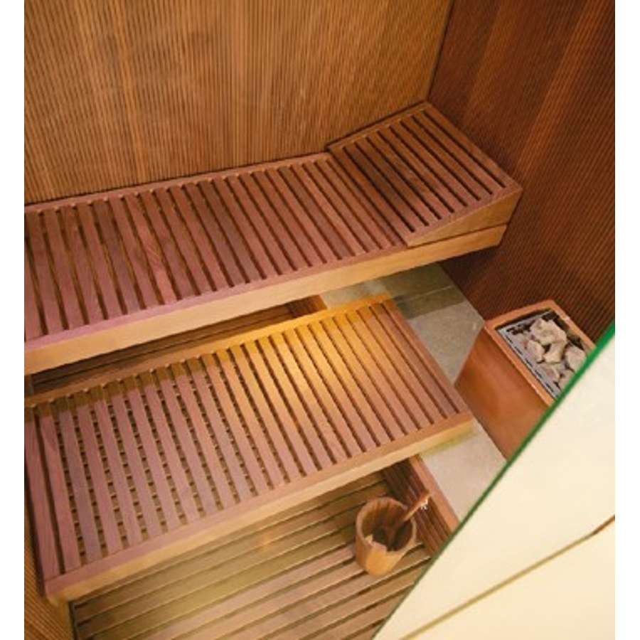 Bodylove S Left-Hand Corner, Interior in Heat-treated wood, Outside wall in Smooth heat-treated wood