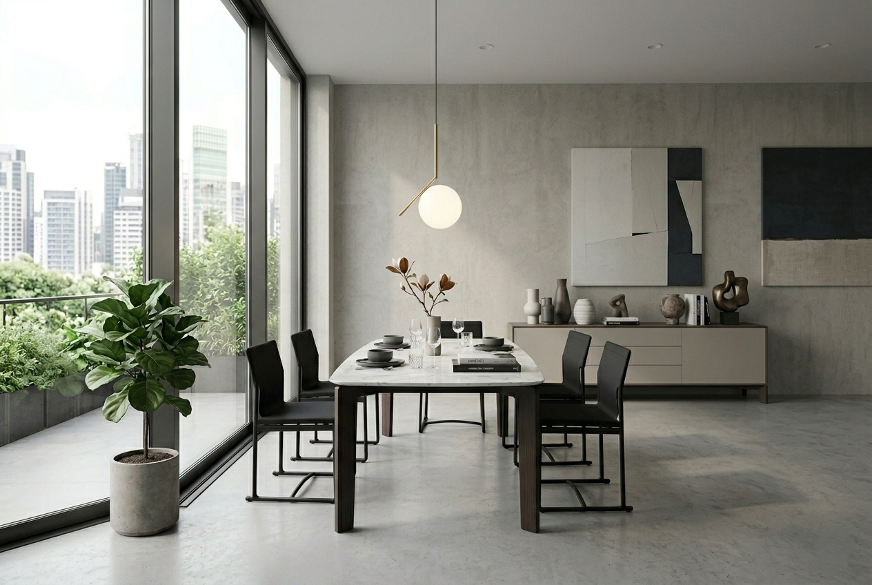 Modern dining area with a table, chairs, and decor in a stylish room.
