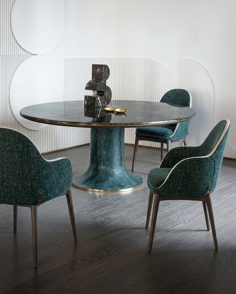 Dining room with a round marble table and green chairs in a modern interior.