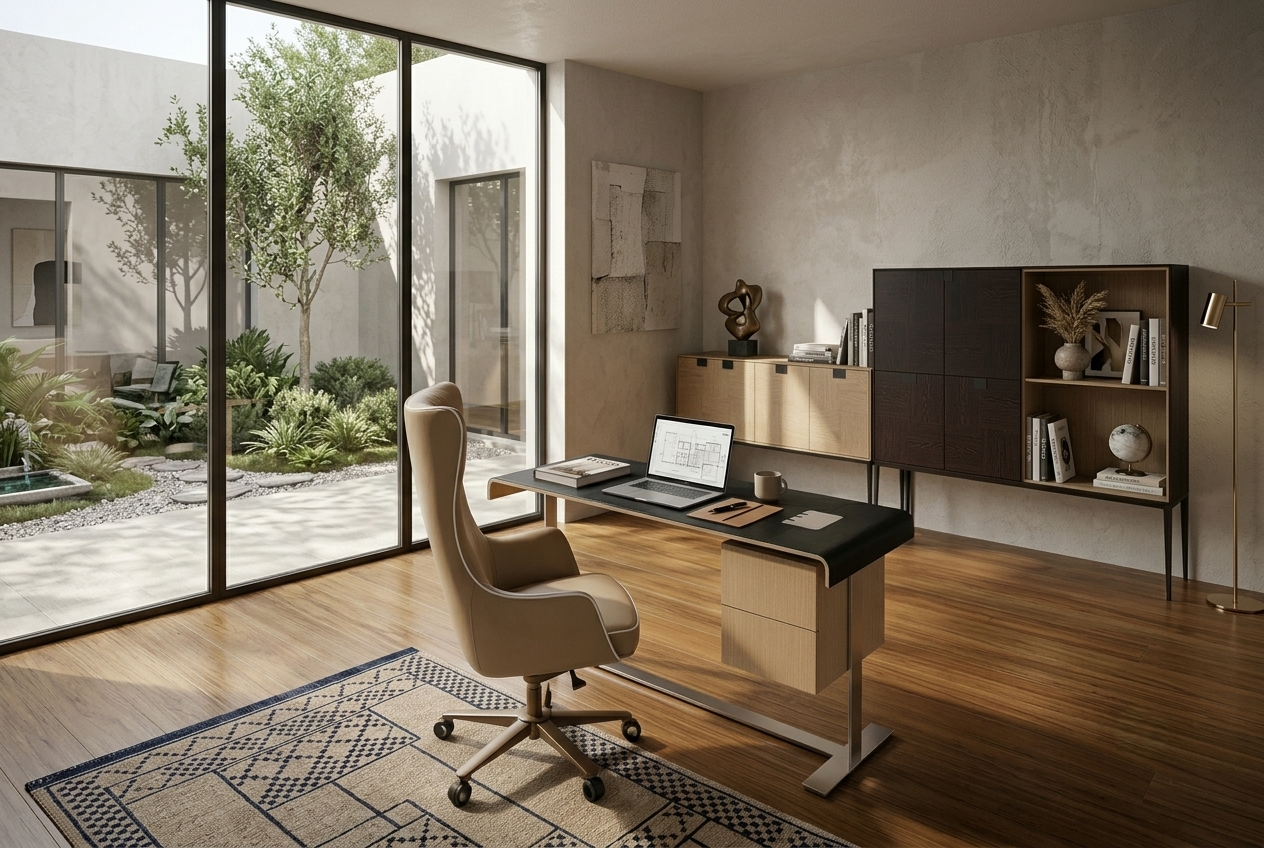 Modern office with a desk, chair, and large windows overlooking a garden.