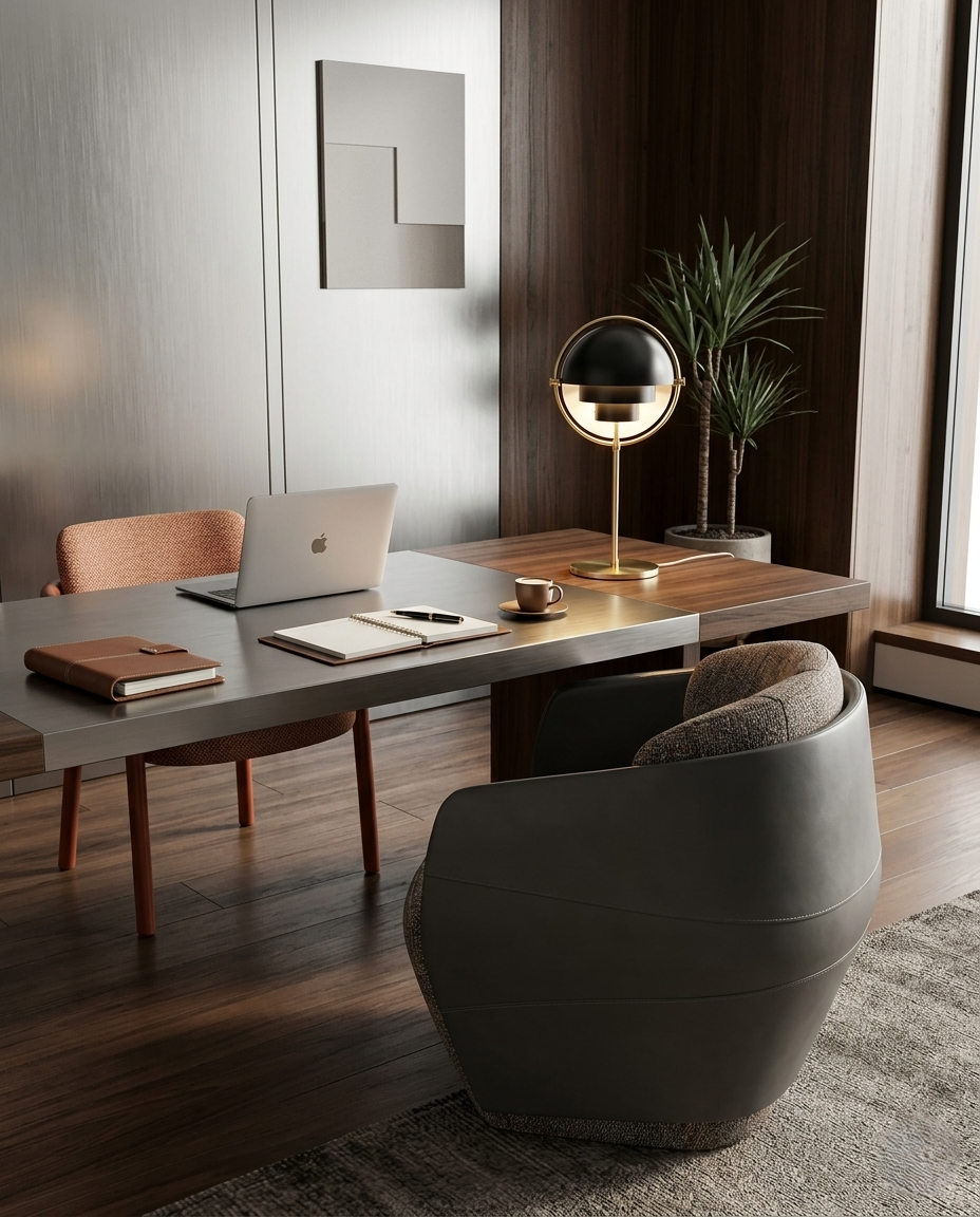 Modern office space with a desk, chair, and decor elements.