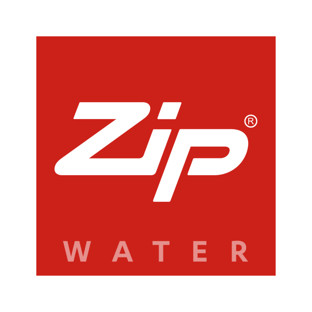 Zip Water logo with white text on a red background